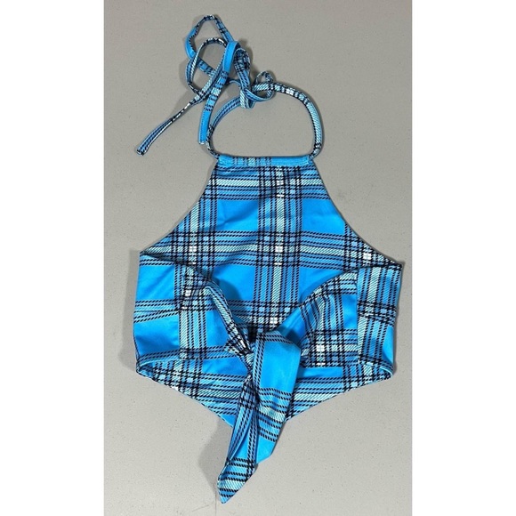 Blue Plaid Halter Bandana Tank Crop Top Shirt Tee Size M 💙🤍🖤 - Picture 2 of 2